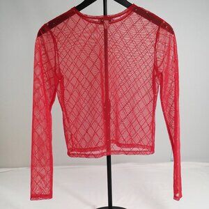 Faded Rose Red Sheer Mesh Rhinestone Long Sleeve Crop Top Women’s M